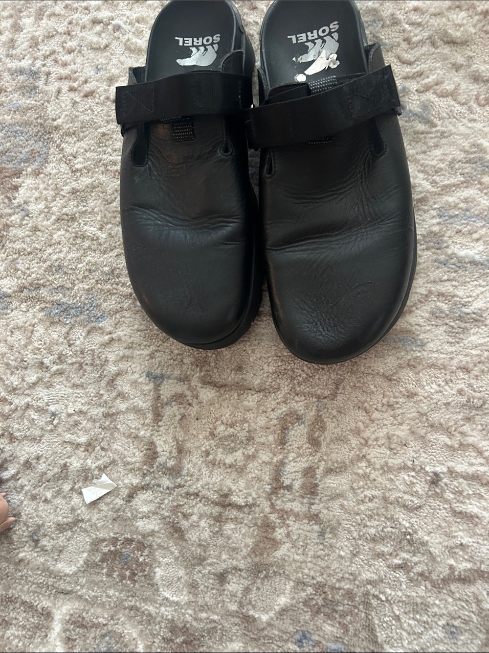Sorel women Black Leather Slip-On Clog with Adjustable Strap